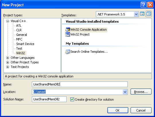 Processes that Use the Shared Memory Program Example 2: Creating new Win32 C++ console application project in Visual C++ .NET