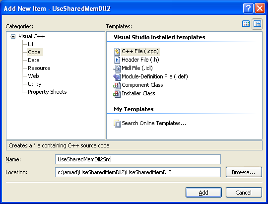 Processes that Use the Shared Memory Program Example 2: Adding new C++ source file for C++ source code to the existing C++ project