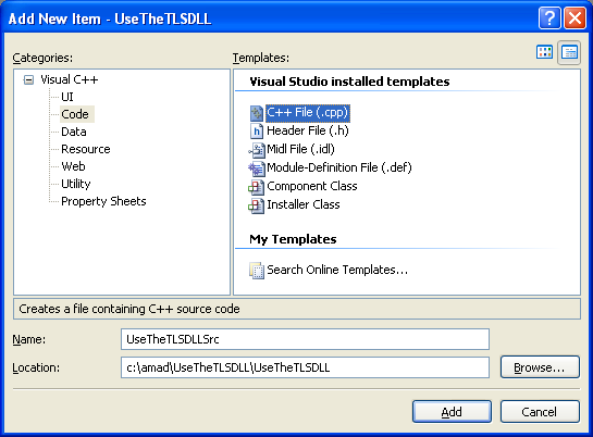 Using Thread Local Storage in a Dynamic-Link Library EXE Program Example: Adding new C++ source file for C++ source code to the existing C++ project