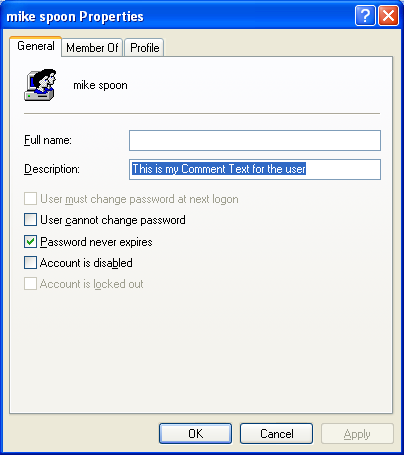 Setting the User Comment (Description) Field, Level 1007 Code Snippet Example: The user account description
