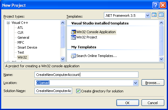 Setting the User Comment (Description) Field, Level 1007 Code Snippet Example: Creating new C++ Win32 console project in Visual C++ .NET