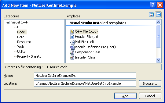 NetUserGetInfo() Function Program Example: Adding new C++ source file