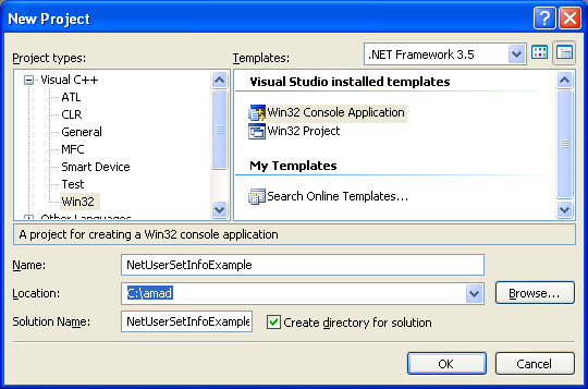 NetUserSetInfo() Program Example: Creating new Win32 C++ console application project using Visual C++ .NET