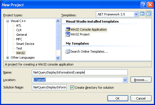 NetQueryDisplayInformation() Program Example: Creating new Win32 console application project