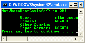 NetWkstaUserGetInfo() Program Example: A sample console program output