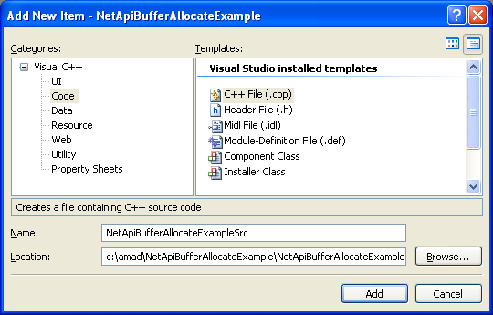 NetApiBufferAllocate(), NetApiBufferSize(), NetApiBufferReallocate() and NetApiBufferFree() Program Example: Adding new C++ dource file for the source code