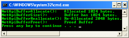 NetApiBufferAllocate(), NetApiBufferSize(), NetApiBufferReallocate() and NetApiBufferFree() Program Example: A sample console output