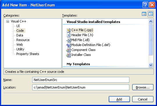 NetUserEnum() Program Example: Adding new C++ source file for the C++ source code