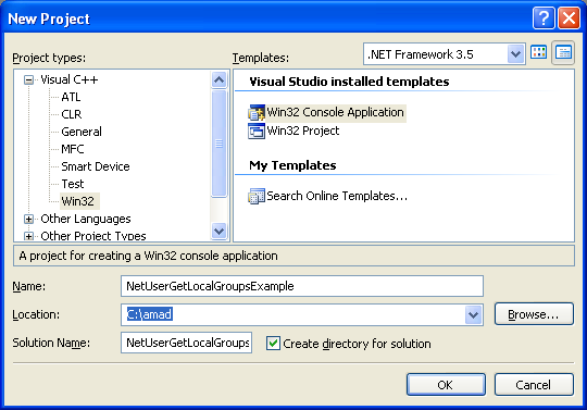 NetUserGetLocalGroups() Program Example: Creating new Win32 C++ console application project using Visual C++ .NET