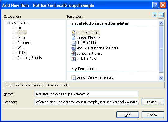 NetUserGetLocalGroups() Program Example: Adding new C++ source file for the C++ source code
