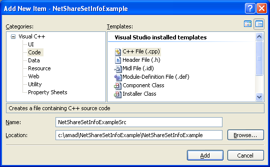 NetShareSetInfo() Program Example: Adding new C++ source file for the C++ source code