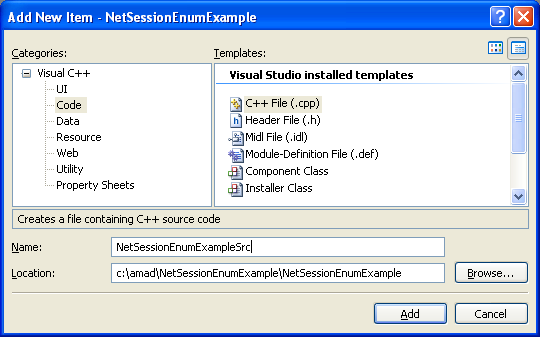NetSessionEnum() Program Example: Adding new C++ source file to the existing Visual C++ project