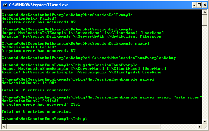 NetSessionEnum() Program Example: A sample output on local pc. This program should be run against server in the domain based network