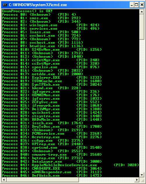 Enumerating All Processes Program Example: A sample console program output