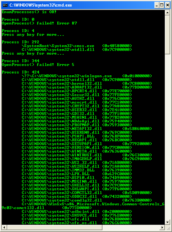 Enumerating All Modules for a Process Program Example: A sample console program output