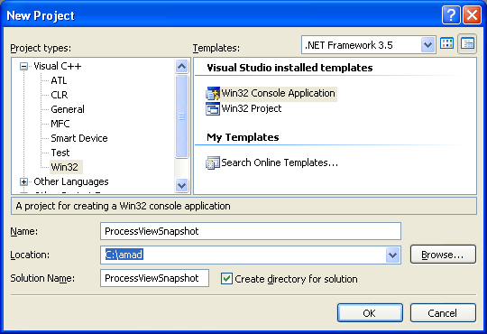 Taking a Snapshot and Viewing Processes Program Example: Creating new Win32 C++ console application project in Visual C++ .NET