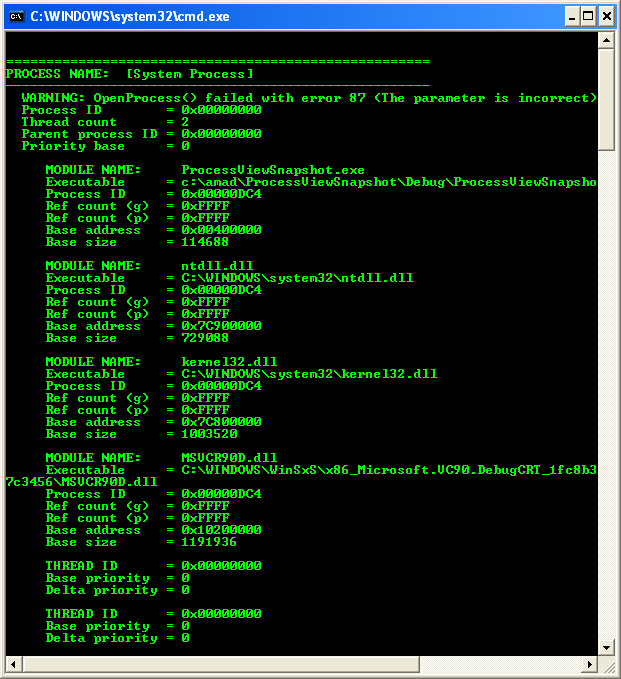 Taking a Snapshot and Viewing Processes Program Example: A sample console program output in action