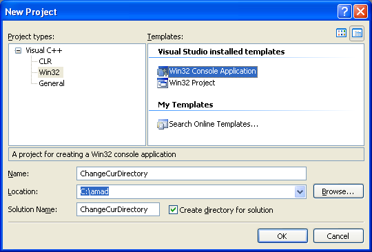 Changing the Current Directory Program Example: Creating new Win32 C++ console application project in Visual C++ .NET