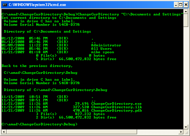 Changing the Current Directory Program Example: A sample console program output in action
