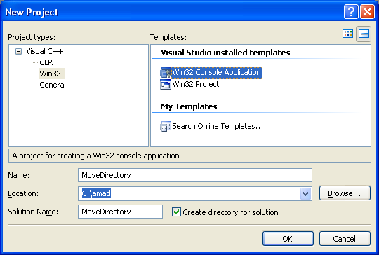Moving Directories Program Example: Creating new Win32 C++ console application project in Visual C++ .NET
