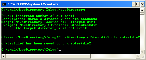 Moving Directories Program Example: A sample console program output in action 1
