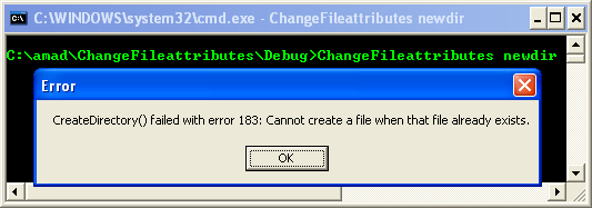 Retrieving and Changing File Attributes Program Example: A sample console program output in action 2, with error