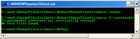Retrieving and Changing File Attributes Program Example: A sample console program output in action 3, no file found