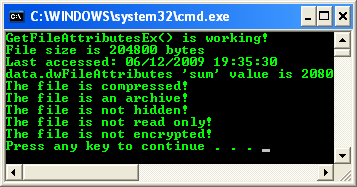 Compressed File (Attributes) Program Example: A sample console program output in action