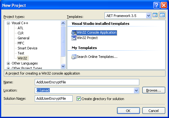 Adding Users to an Encrypted File Program Example: Creating new Win32 C++ console application project in Visual C++ .NET