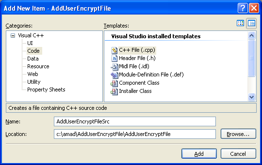 Adding Users to an Encrypted File Program Example: Adding new C++ source file for C++ source code to the existing C++ project