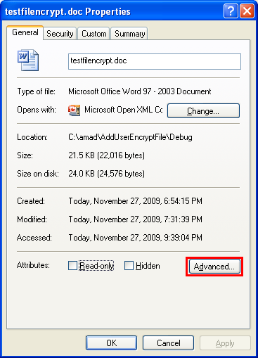Adding Users to an Encrypted File Program Example: Invoking the file property's page