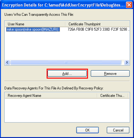 Adding Users to an Encrypted File Program Example: Adding user certificate