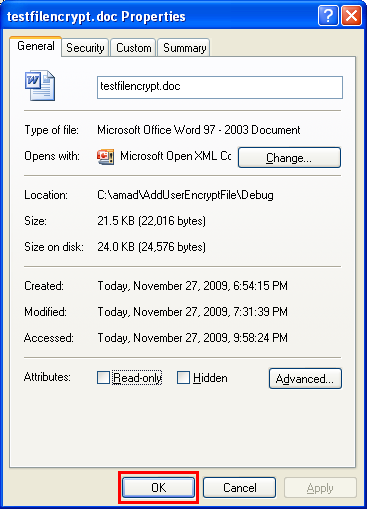 Adding Users to an Encrypted File Program Example: Dismissing the encrypted file property page