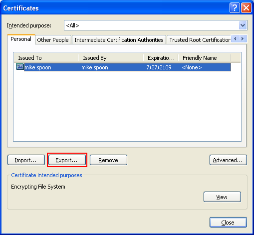 Exporting a user certificate