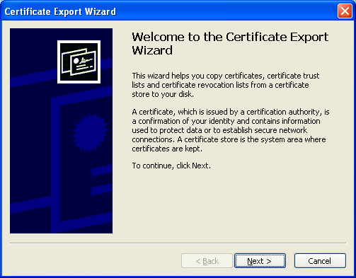 Certificate export wizard welcome page
