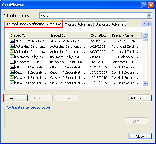 Importing the certificate into the Trusted Root Certification Authorities store