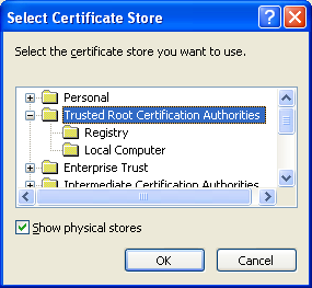 The certificate import wizard: Selecting the Trusted Root Certification Authorities
