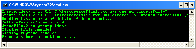 Appending One File to Another File Program Example: A sample console program output in action