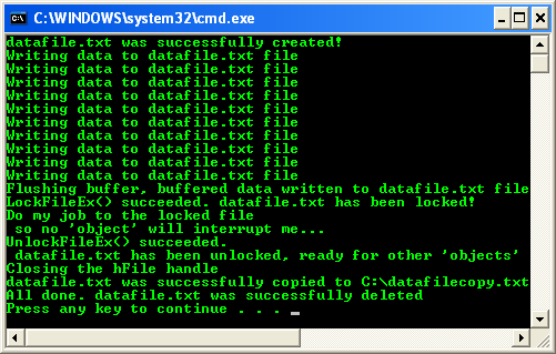 Locking and Unlocking Byte Ranges in Files Program Example: A sample console program output in action