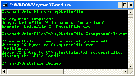 Open a File for Writing Program Example: A sample console program output in action