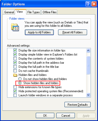 Enabling the Show hidden files and folders