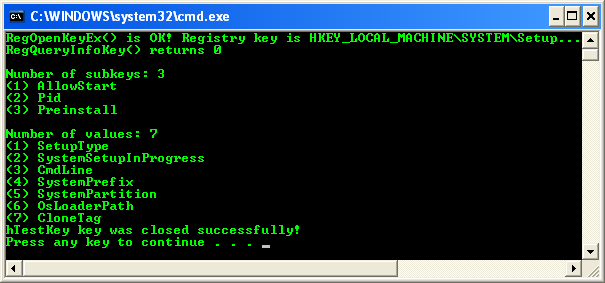 Enumerating Registry Subkeys Program Example: A sample console program output in action