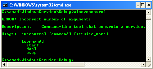 Running and Testing the Windows Service Control Application: A sample console program output in action without any argument
