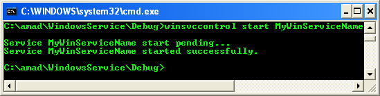 Running and Testing the Windows Service Control Application: A sample console program output in action starting a service