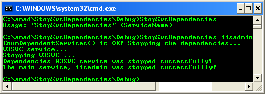 Another Program Example on How to Stop Windows Service:A sample console program output in action, stopping Windows Services which has dependencies