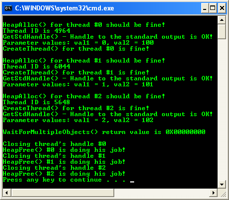 Creating threads code example: A sample console program output in action