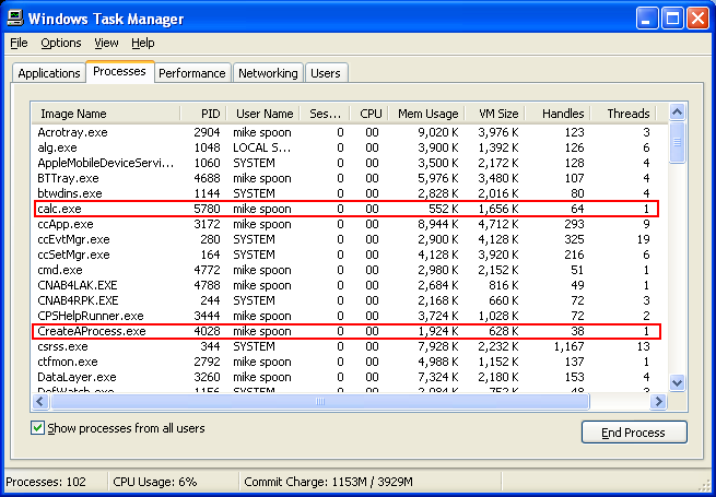 A sample thread and process in action seen from Windows Task Manager