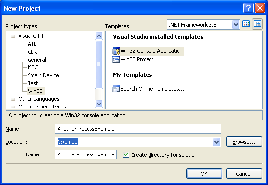 Creating Processes Program Example: Creating new Win32 C++ console application project in Visual C++ .NET