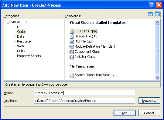 Creating Processes Program Example: Adding new C++ source file for C++ source code to the existing C++ project