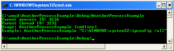 Creating Processes Program Example: A sample console program output in action without any argument